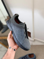 Ermenegildo Zegna CrocoPanel Suede Slip-On Sneakers – Midnight Edition