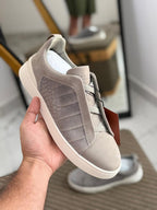 Zegna CrocoPanel Suede Slip-On Sneakers – Stone Grey Edition