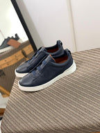 Zegna TerraFlex Smooth Leather Slip-On Sneakers – Navy Edition