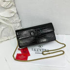 Valentino Garavani VLOGO Signature Chain Wallet (Black Croc-Embossed)