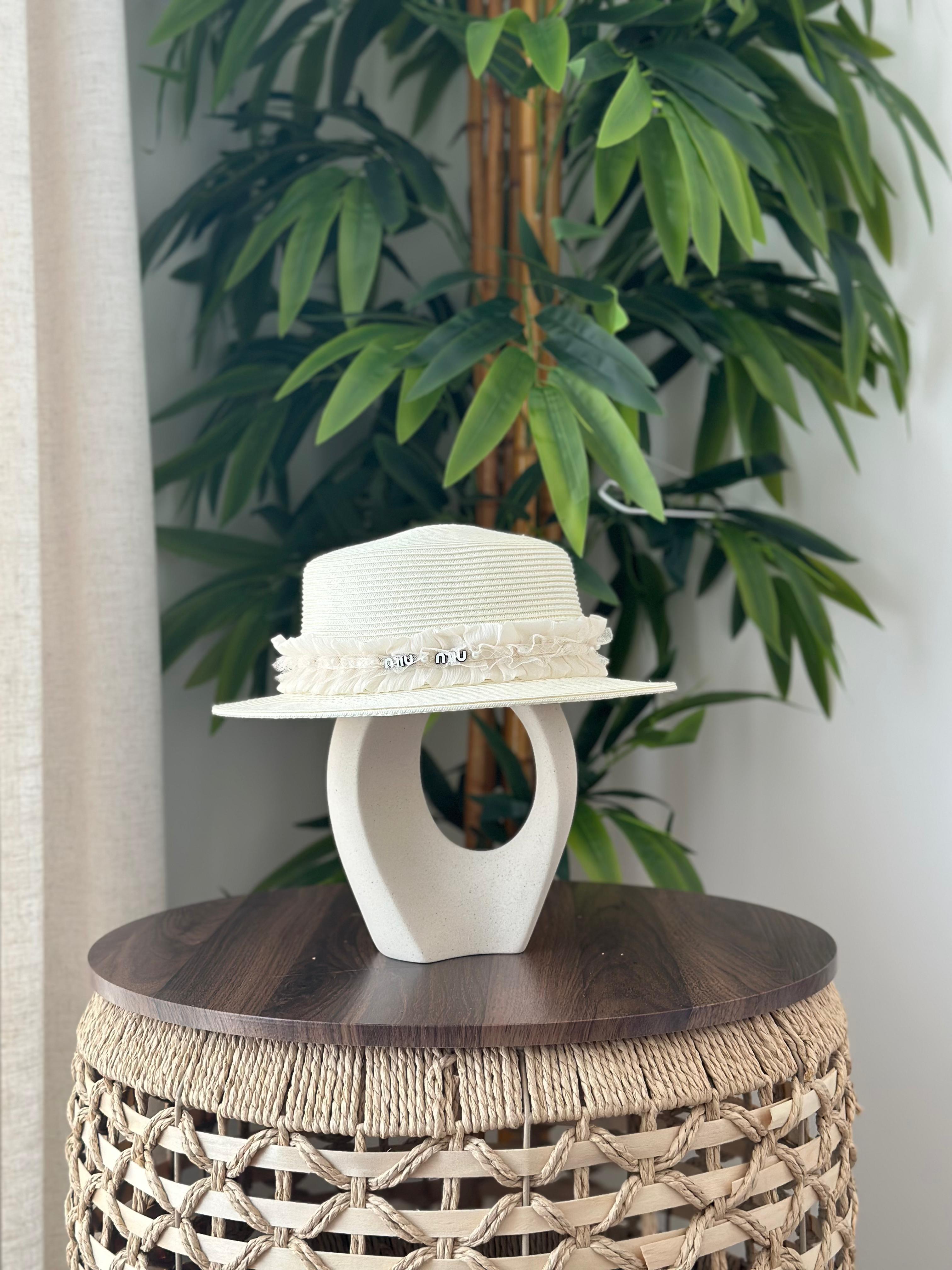 Miu Miu Ruffled Trim Straw Boater Hat (White/Cream)