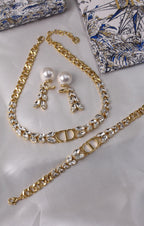 Dior Petit CD Baroque Jewelry Set (Gold-Finish Metal with White Crystals and Resin Pearls)