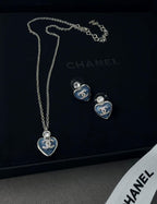 Chanel Heart Necklace and Earring Set (Blue/Silver)