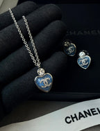 Chanel Heart Necklace and Earring Set (Blue/Silver)