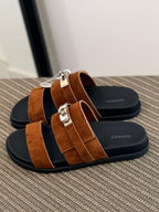 Hermès Empire Sandal (Gold / Tabac-Camel Suede)