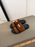 Hermès Empire Sandal (Gold / Tabac-Camel Suede)