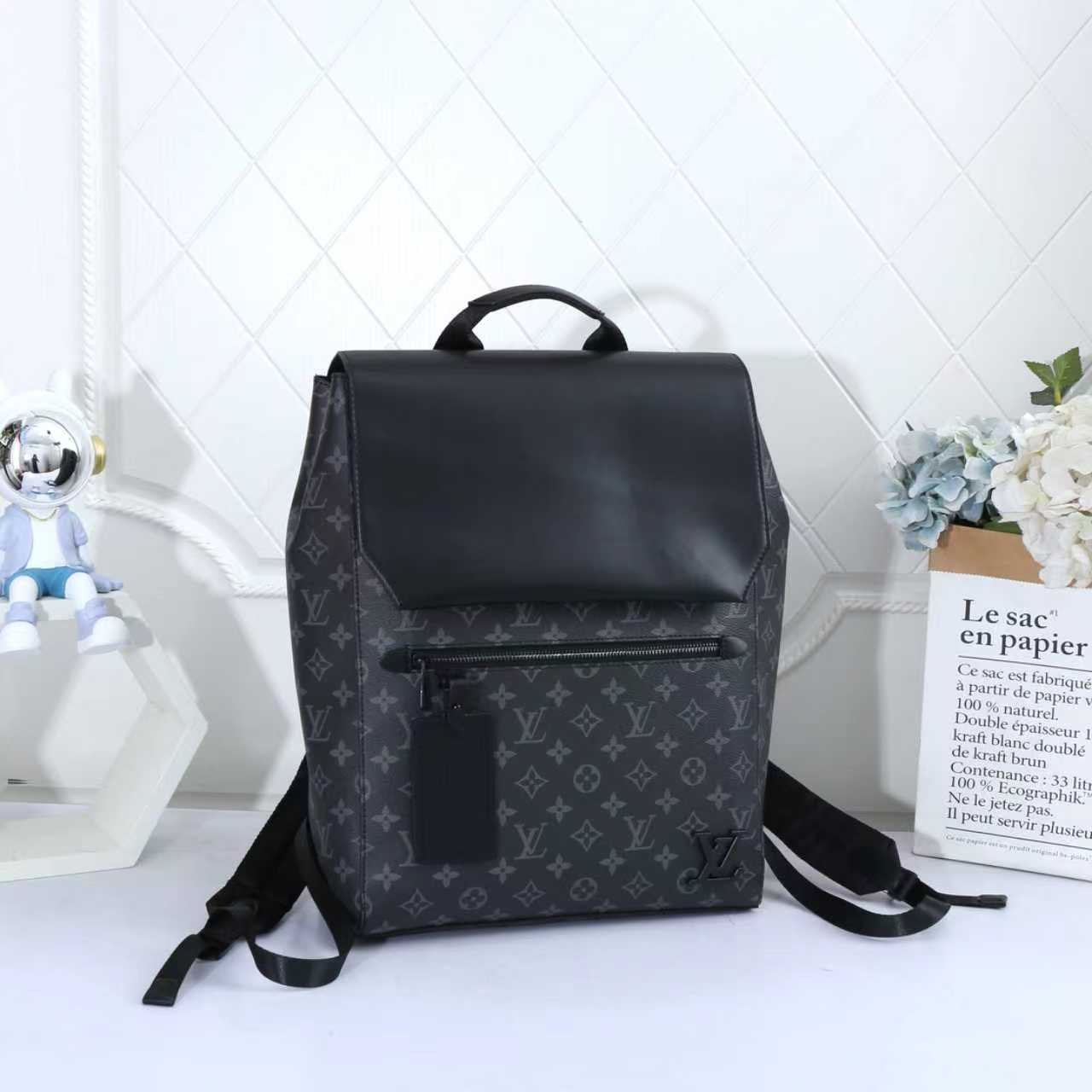 Louis Vuitton Takeoff Backpack / LV Aerogram Backpack (Monogram Eclipse Canvas / Black Leather)